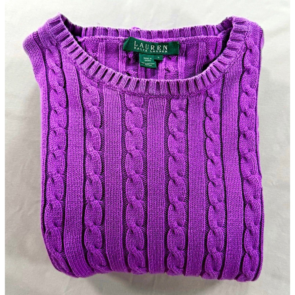 Lauren Ralph Lauren Womens Purple Cable Knit Cotton Crewneck Sweater Size L